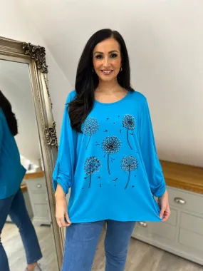 Blue Rhinestone Dandelion Print Blouse - Tanya