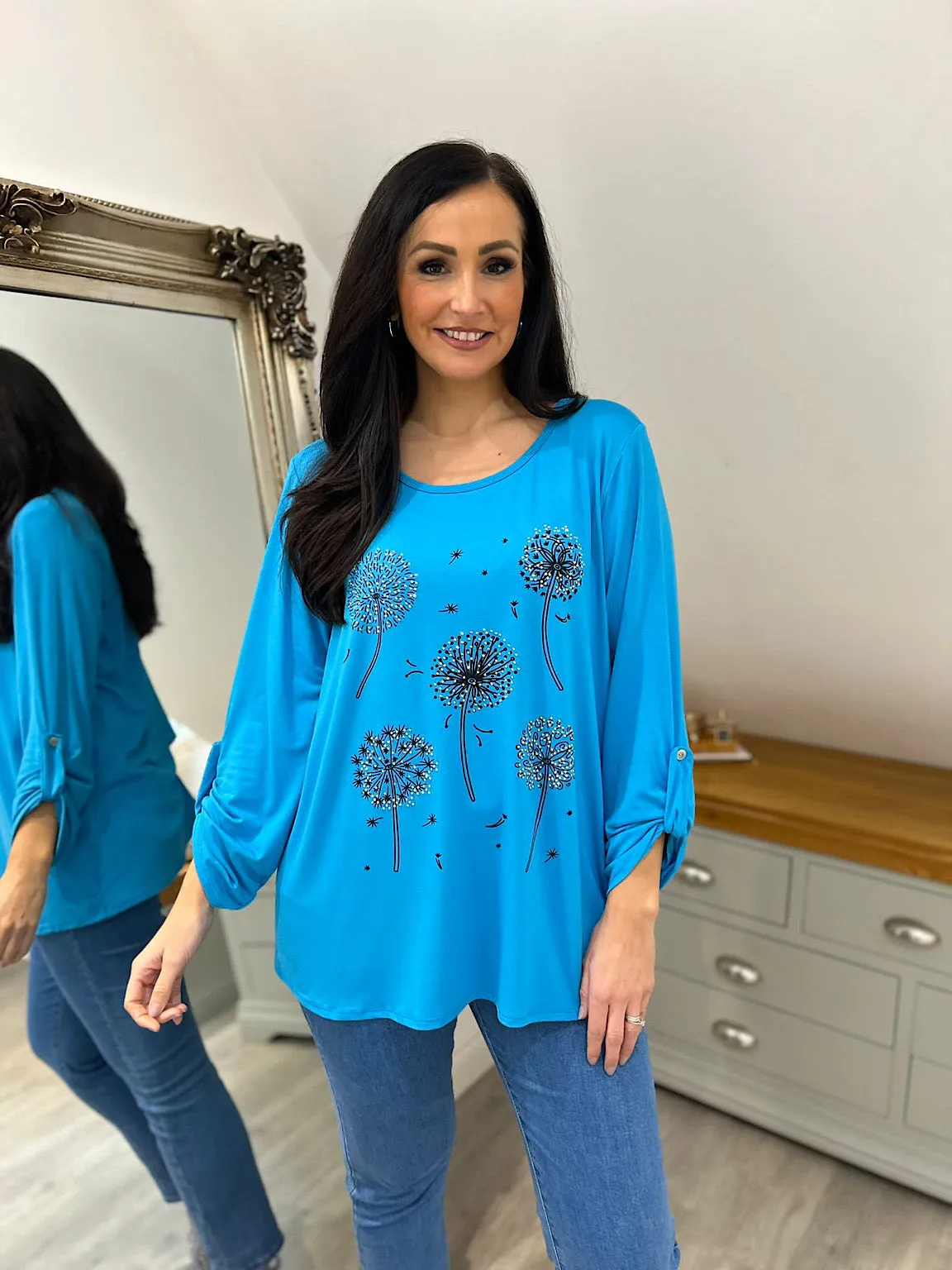 Blue Rhinestone Dandelion Print Blouse - Tanya