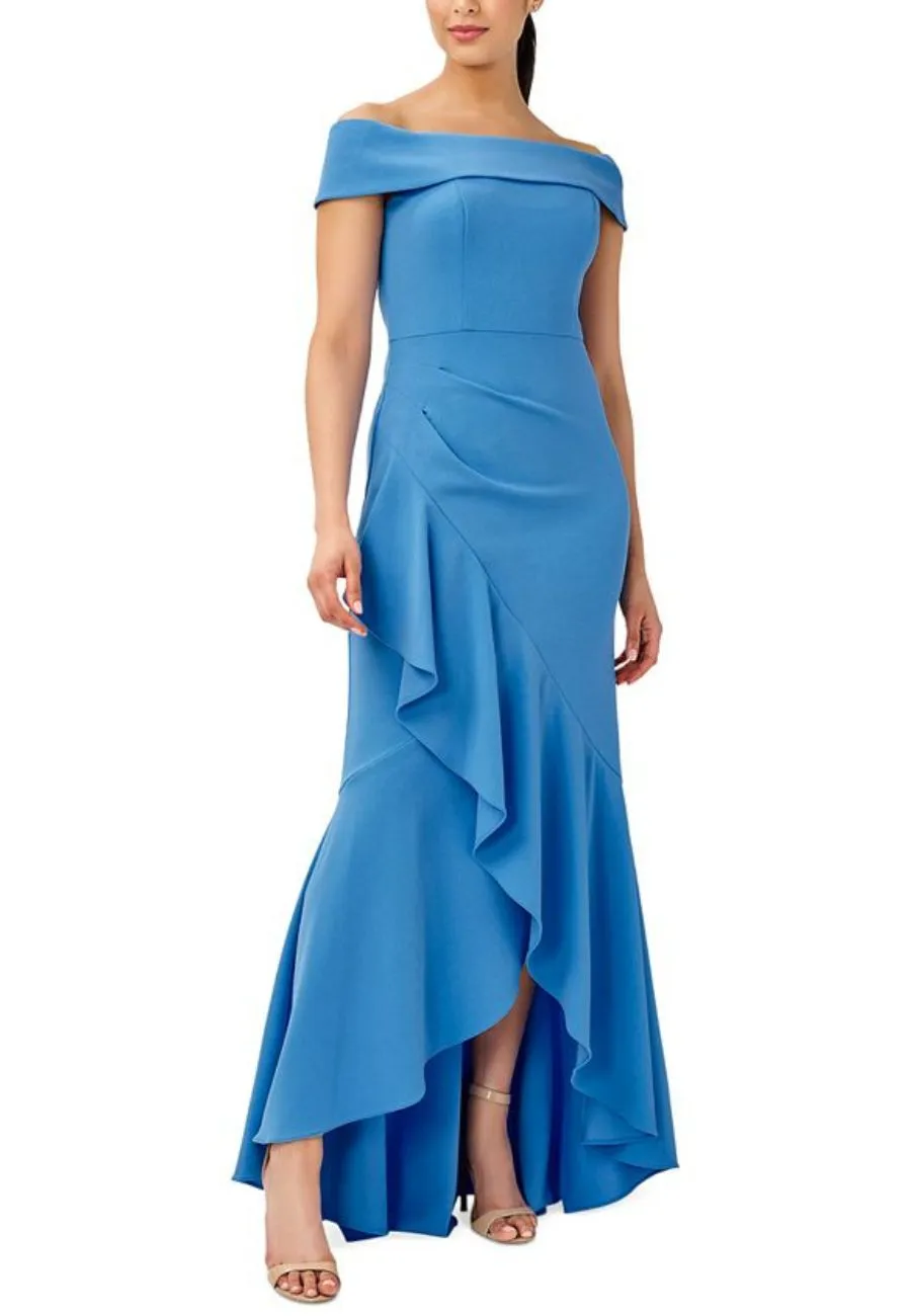 Blue Off Shoulder Ruffled Gown