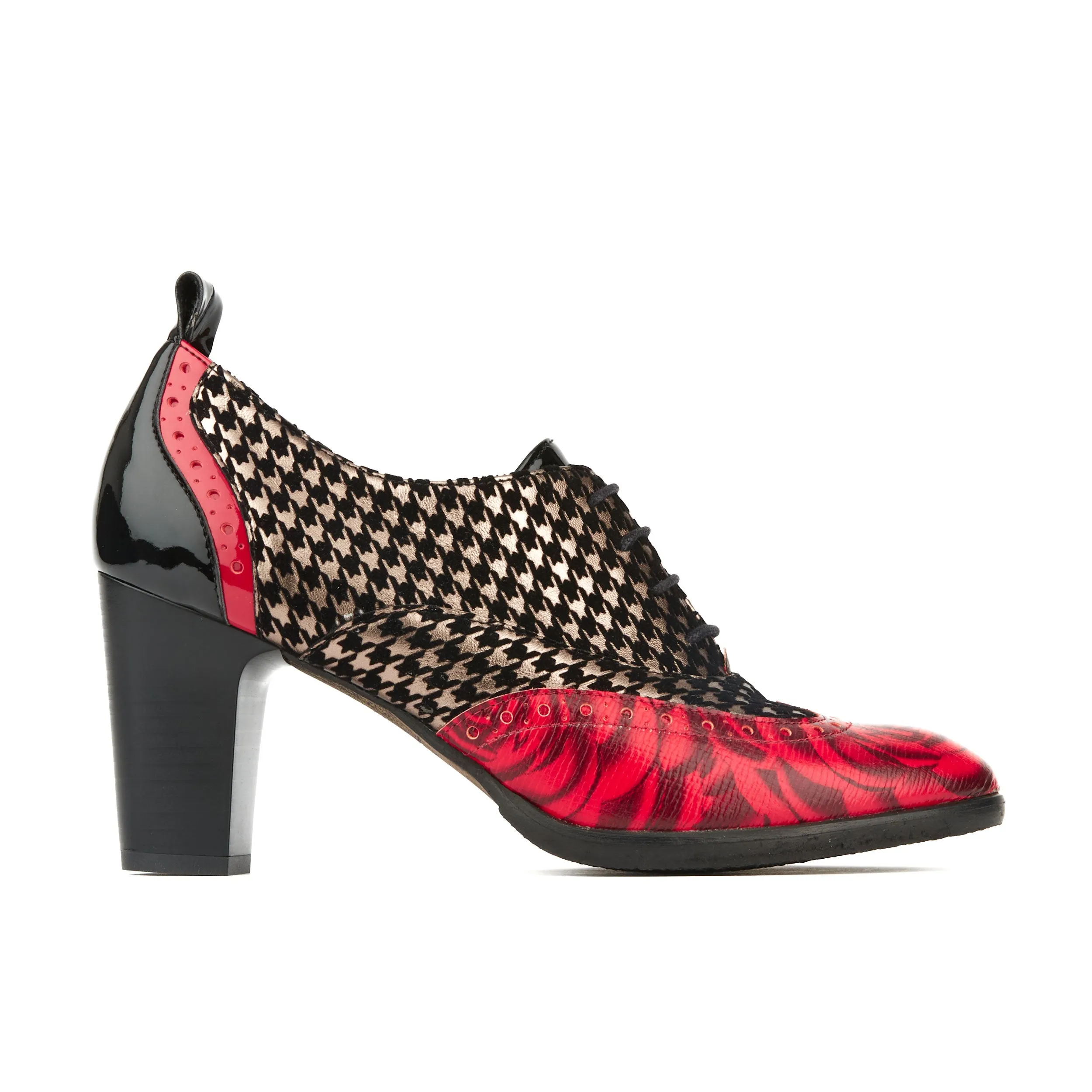 CASINO RED HOUNDSTOOTH - Women's leather oxford pump in block heel with broguing