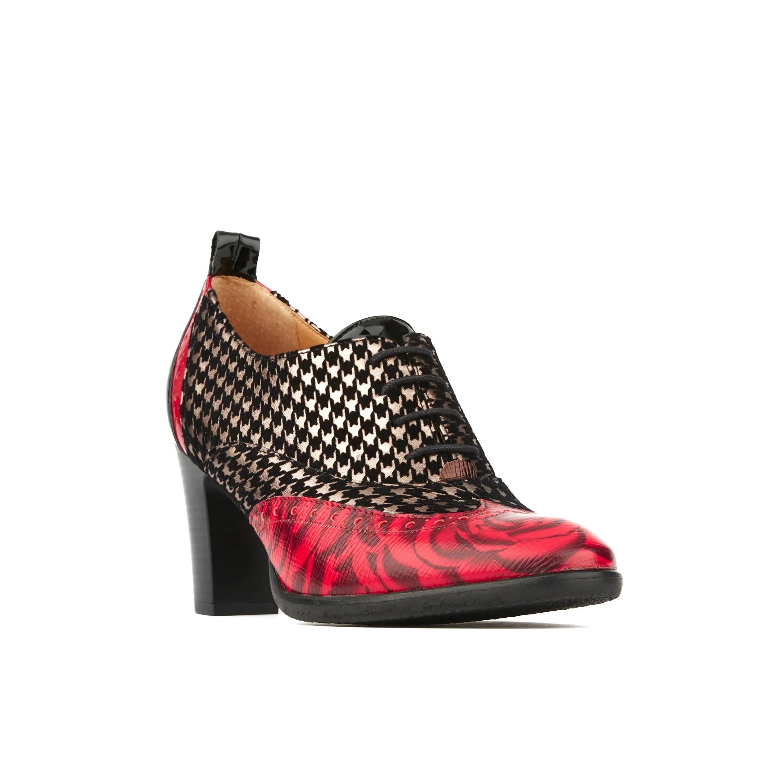 CASINO RED HOUNDSTOOTH - Women's leather oxford pump in block heel with broguing