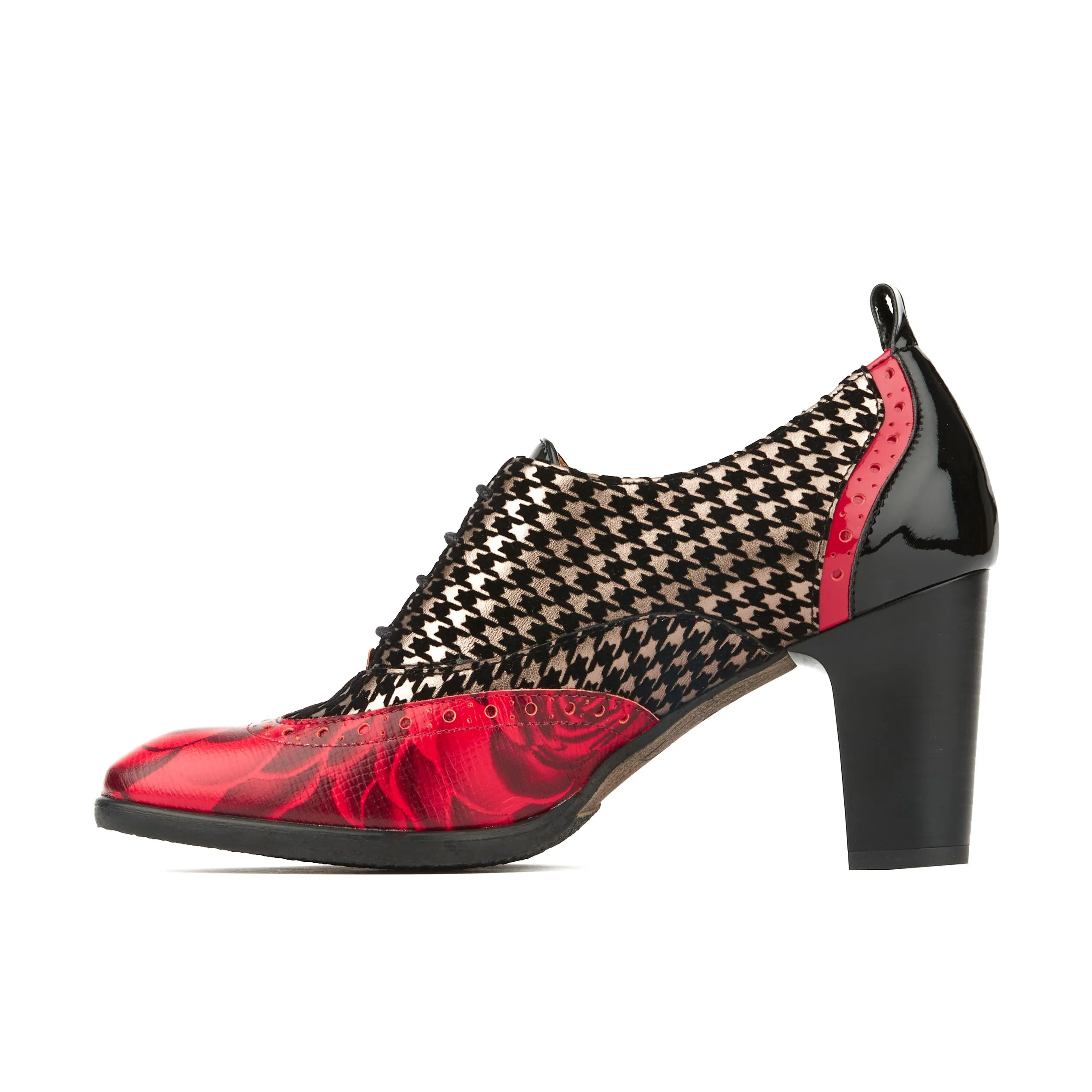 CASINO RED HOUNDSTOOTH - Women's leather oxford pump in block heel with broguing