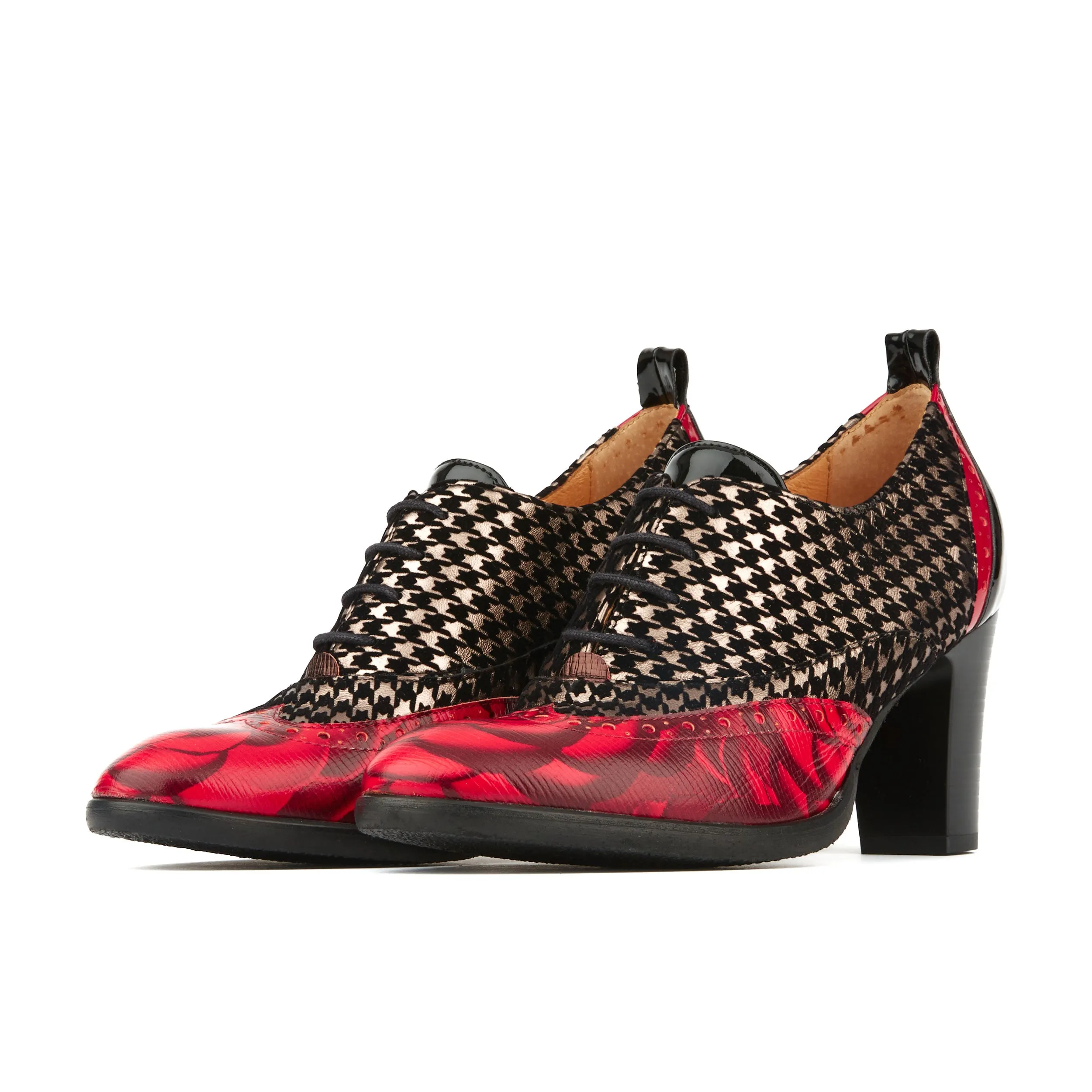 CASINO RED HOUNDSTOOTH - Women's leather oxford pump in block heel with broguing