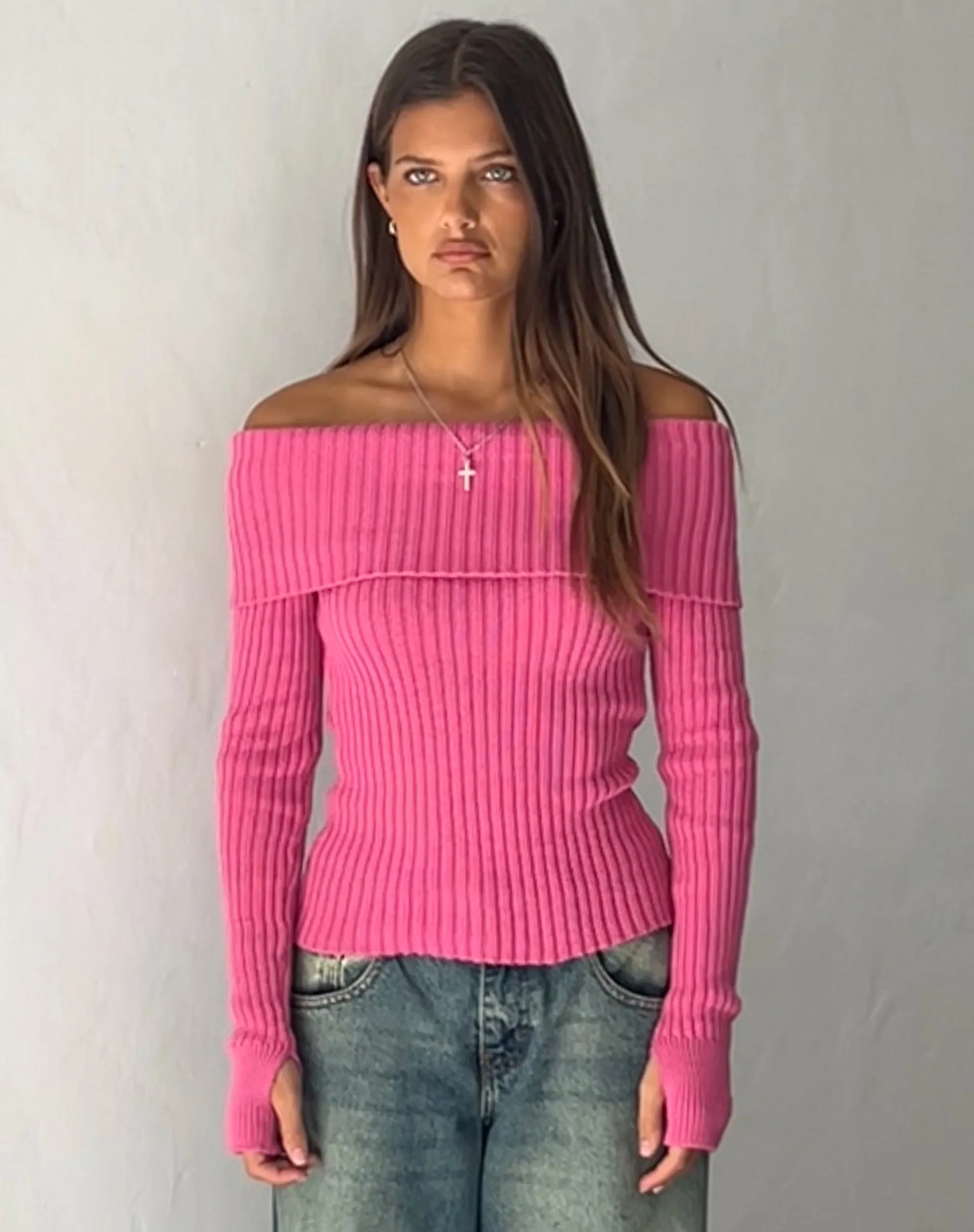 Circe Off-Shoulder Long Sleeve Hot Pink Knit Top