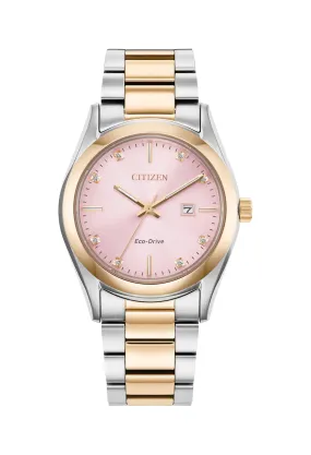 Citizen Women's Eco-Drive Watch with Pink Dial, Diamonds, Rose Gold Plating, and Bracelet