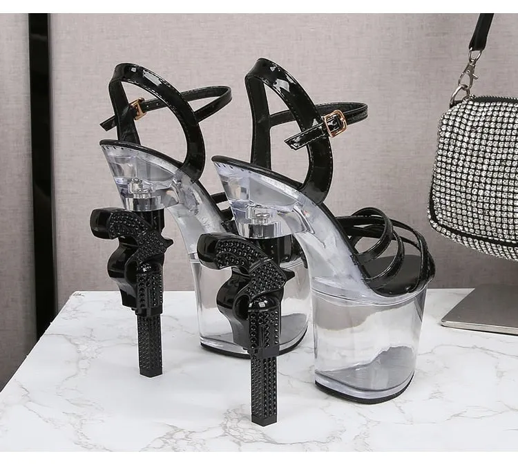 Clear Lucite High Heel Runway Shoes Glossy Synthetic Leather Heels Ladies.