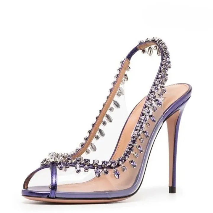 Crystal-Embellished Blue Peep Toe Slingback High Heel Pumps Women