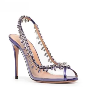 Crystal-Embellished Blue Peep Toe Slingback High Heel Pumps Women