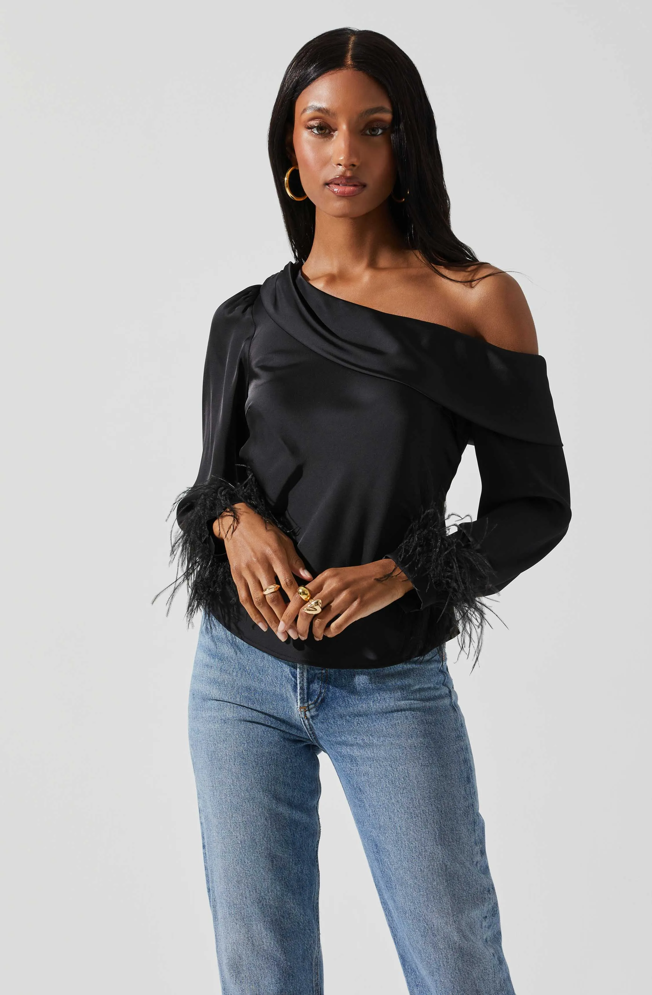 Off Shoulder Feather Trim Top