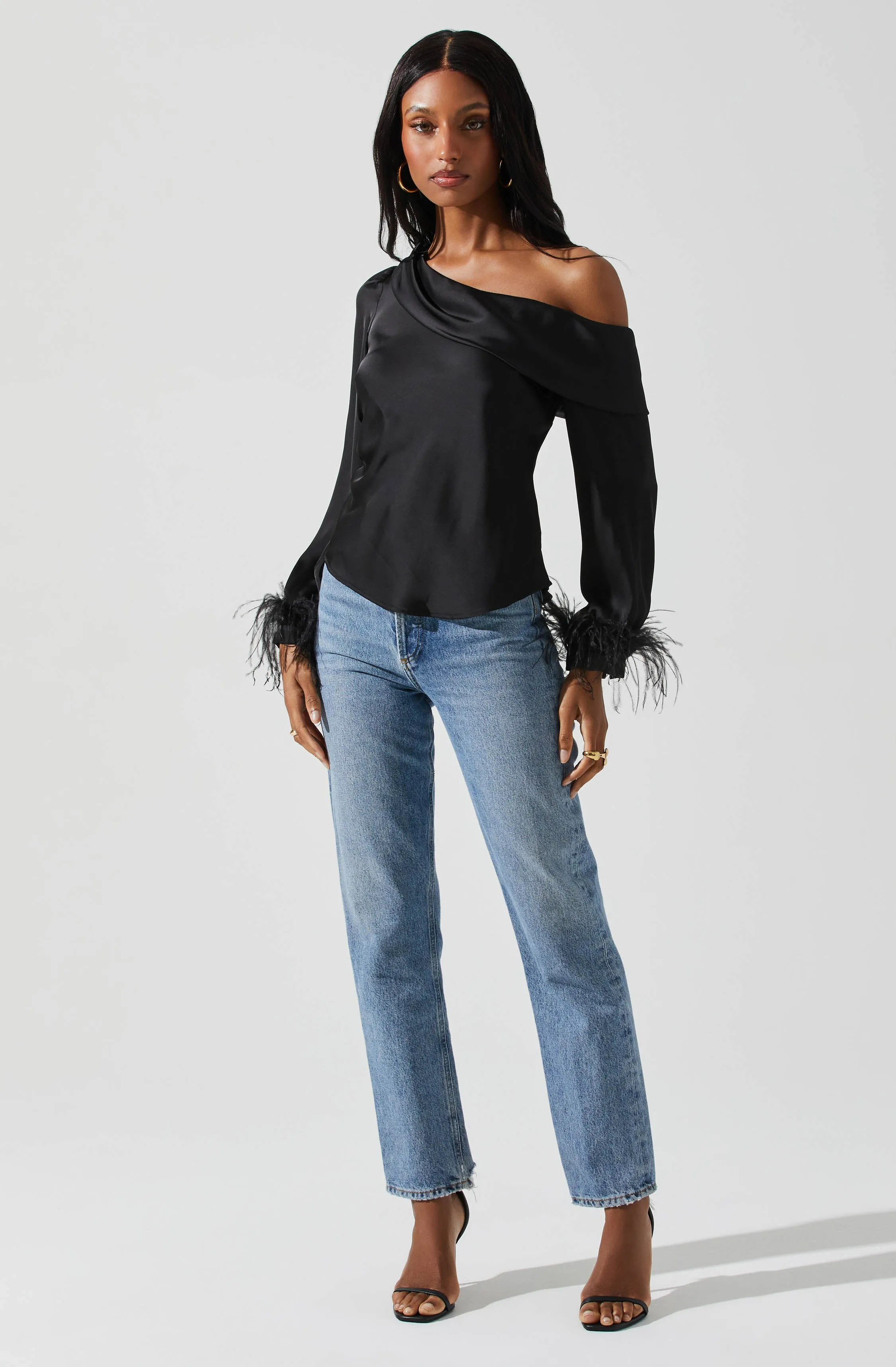 Off Shoulder Feather Trim Top