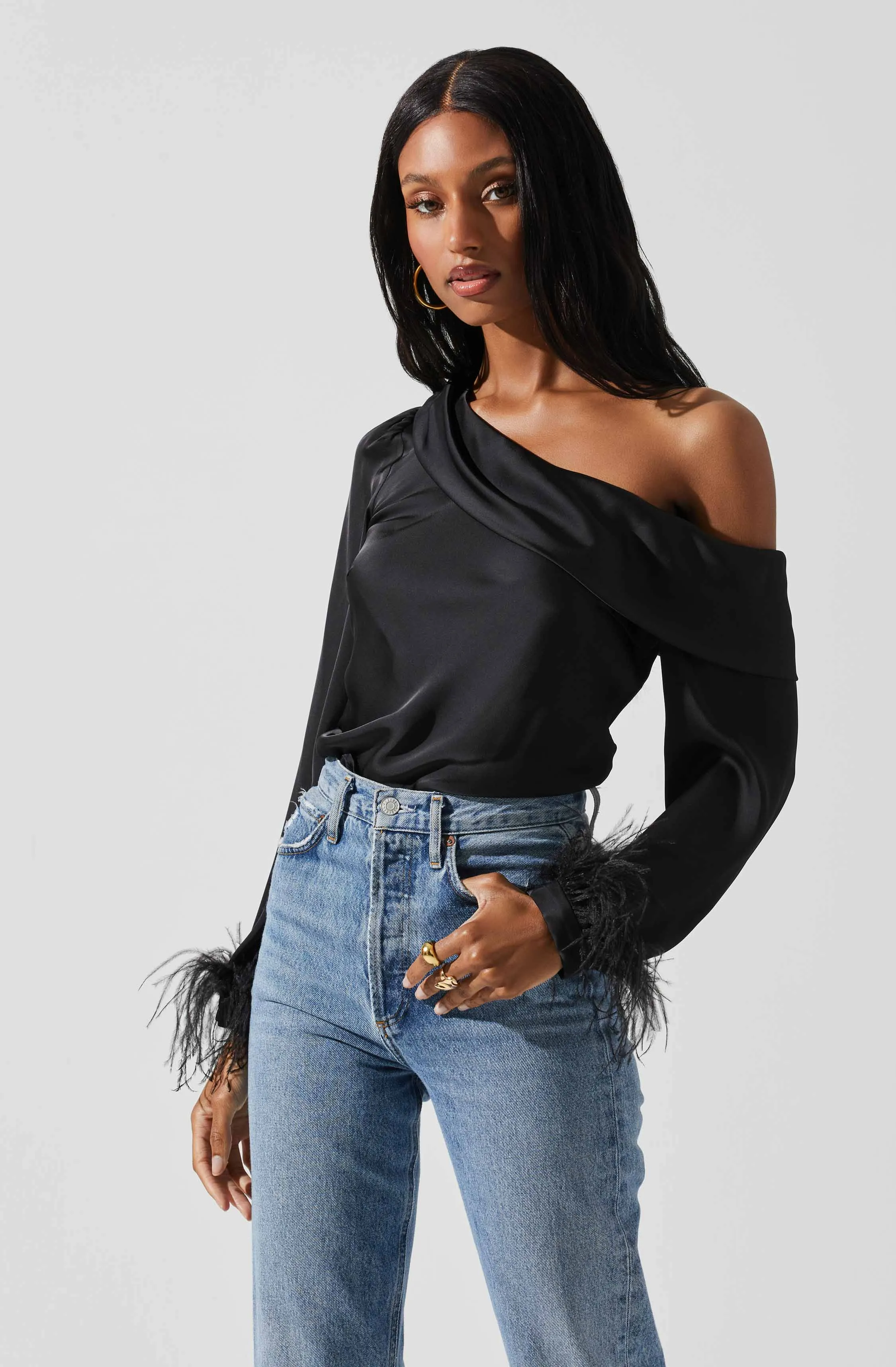 Off Shoulder Feather Trim Top