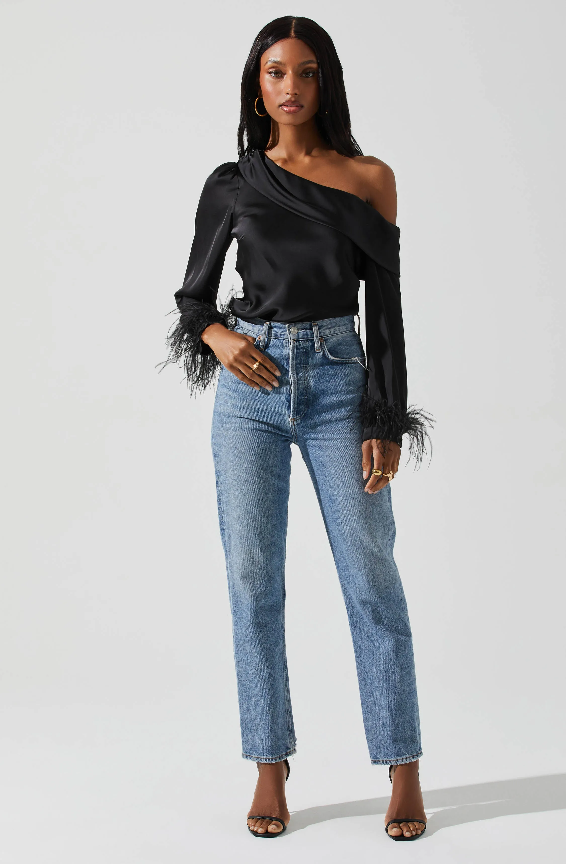 Off Shoulder Feather Trim Top