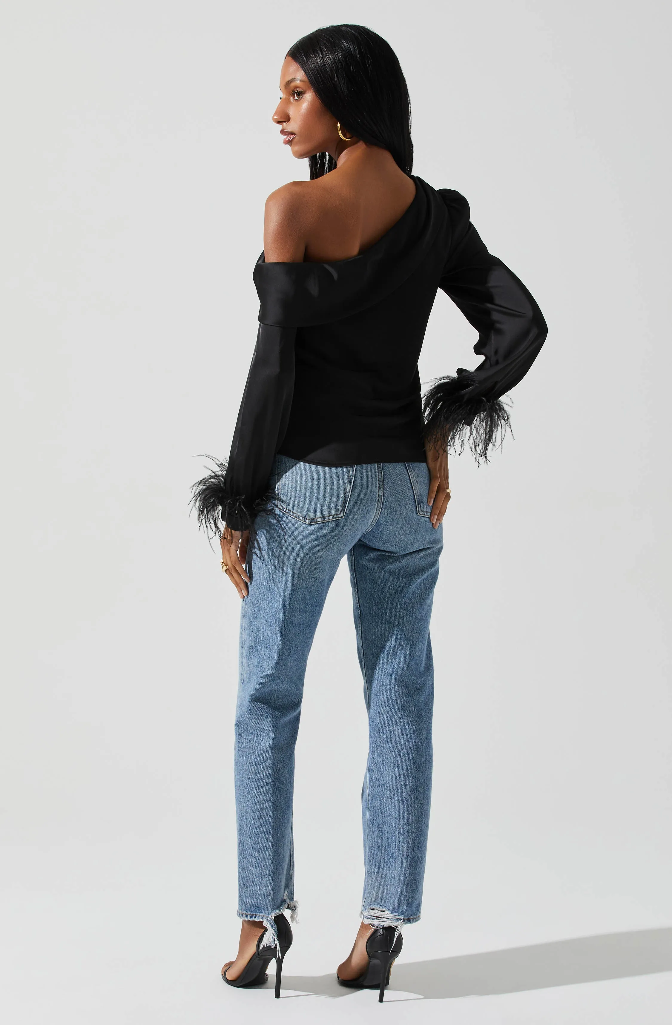 Off Shoulder Feather Trim Top