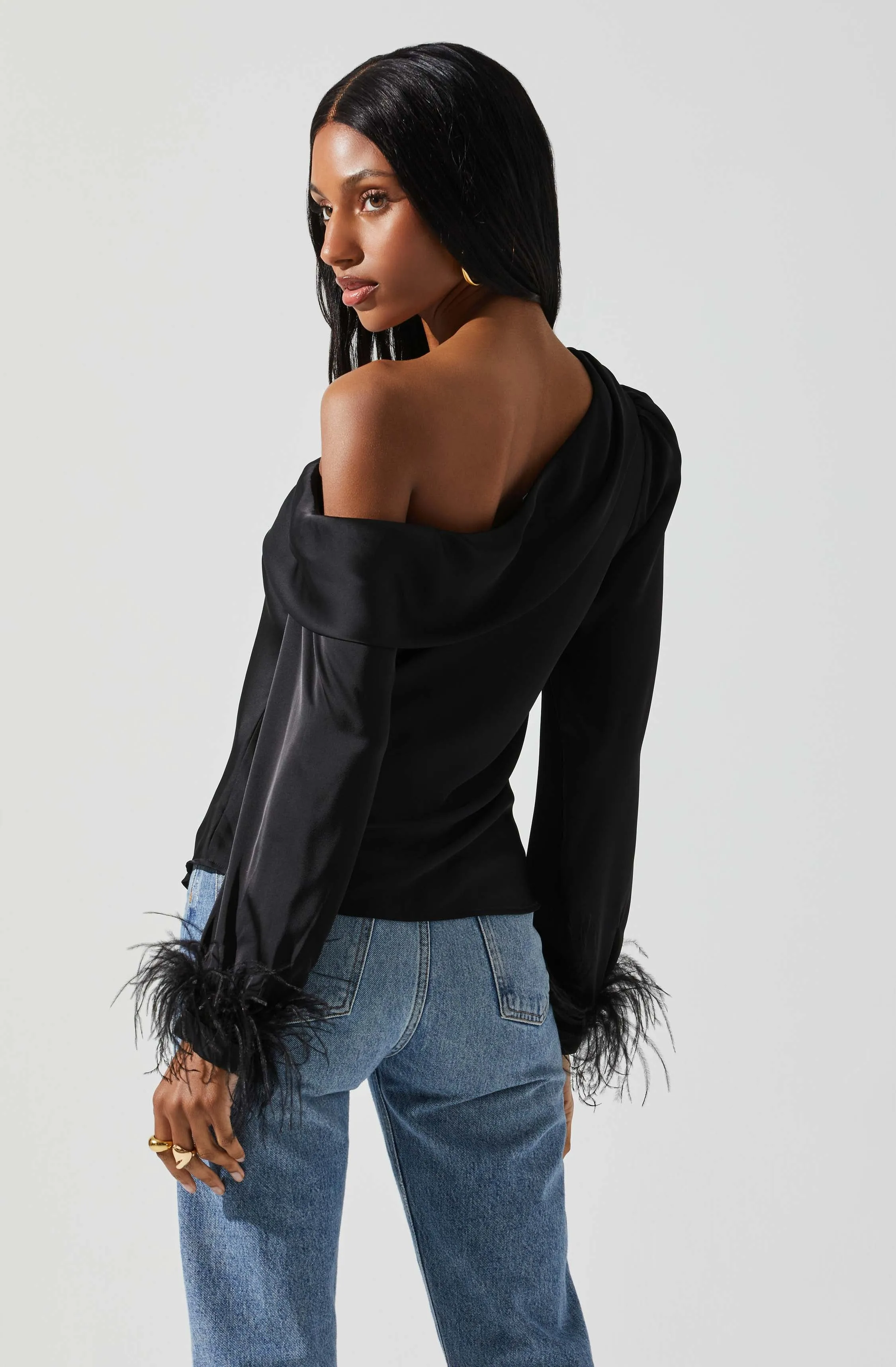 Off Shoulder Feather Trim Top