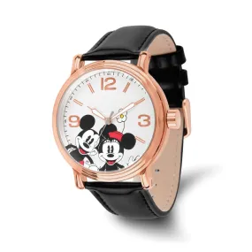 Disney Women's Black Leather Mickey/Minnie Watch - Rose-tone [Size]