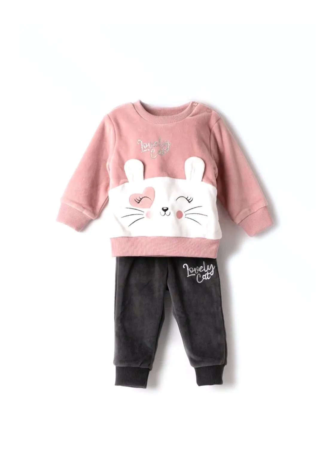 Ebita Baby Girl Lovely Cat Velour Tracksuit, Pink