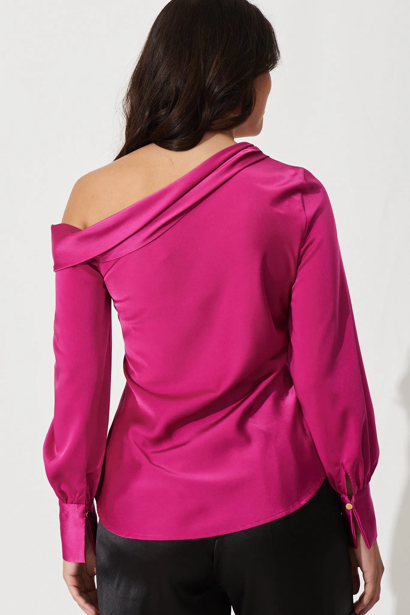 Eleanora Off Shoulder Top In Cerise Pink Satin