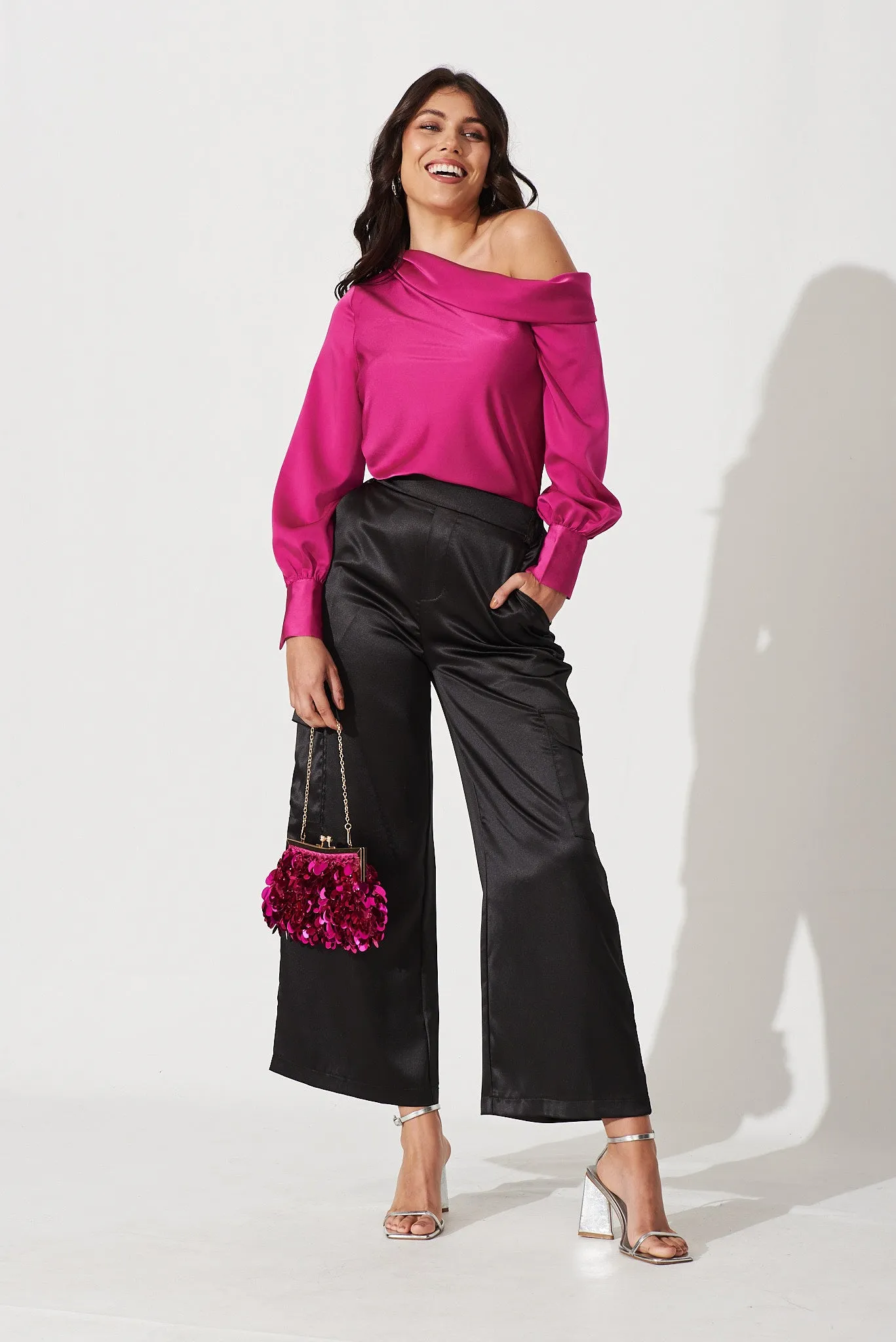 Eleanora Off Shoulder Top In Cerise Pink Satin