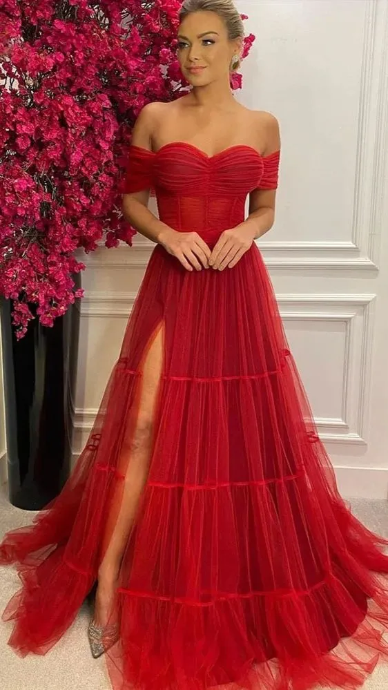 Elegant Red Long Tulle Off The Shoulder Prom Dress Girl Party Dress Women Formal Gowns Y5443