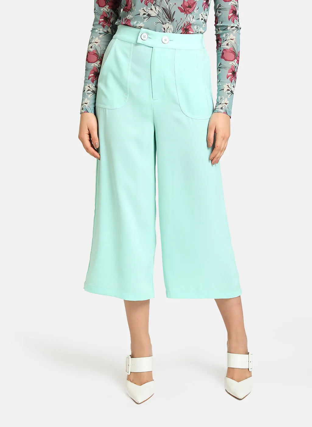 Flared Cropped Wide-Leg Pants with Pocket Detail