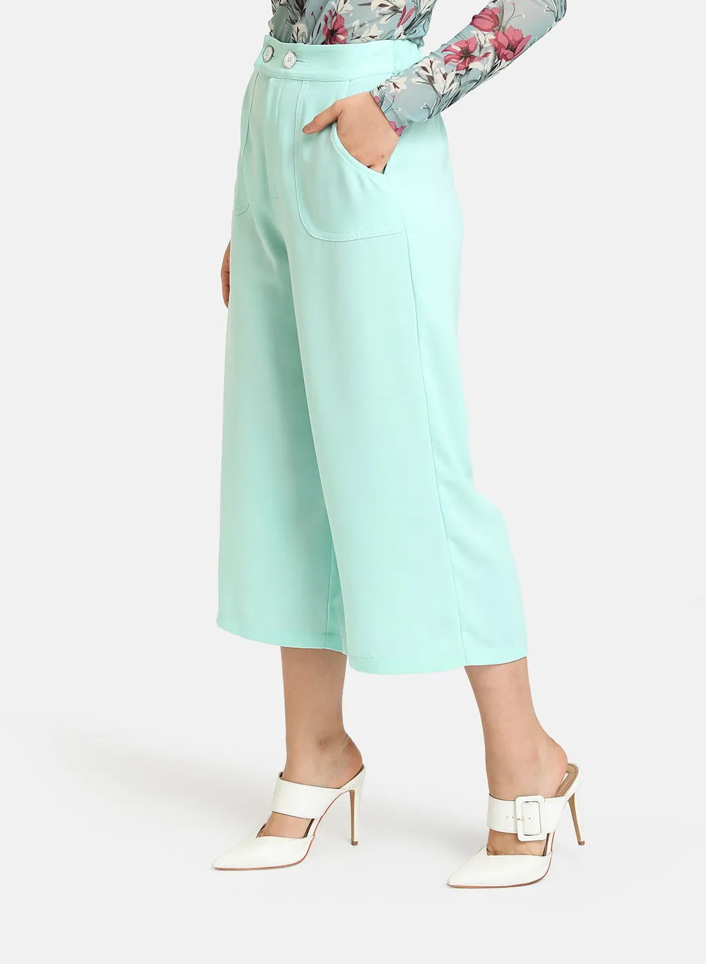 Flared Cropped Wide-Leg Pants with Pocket Detail