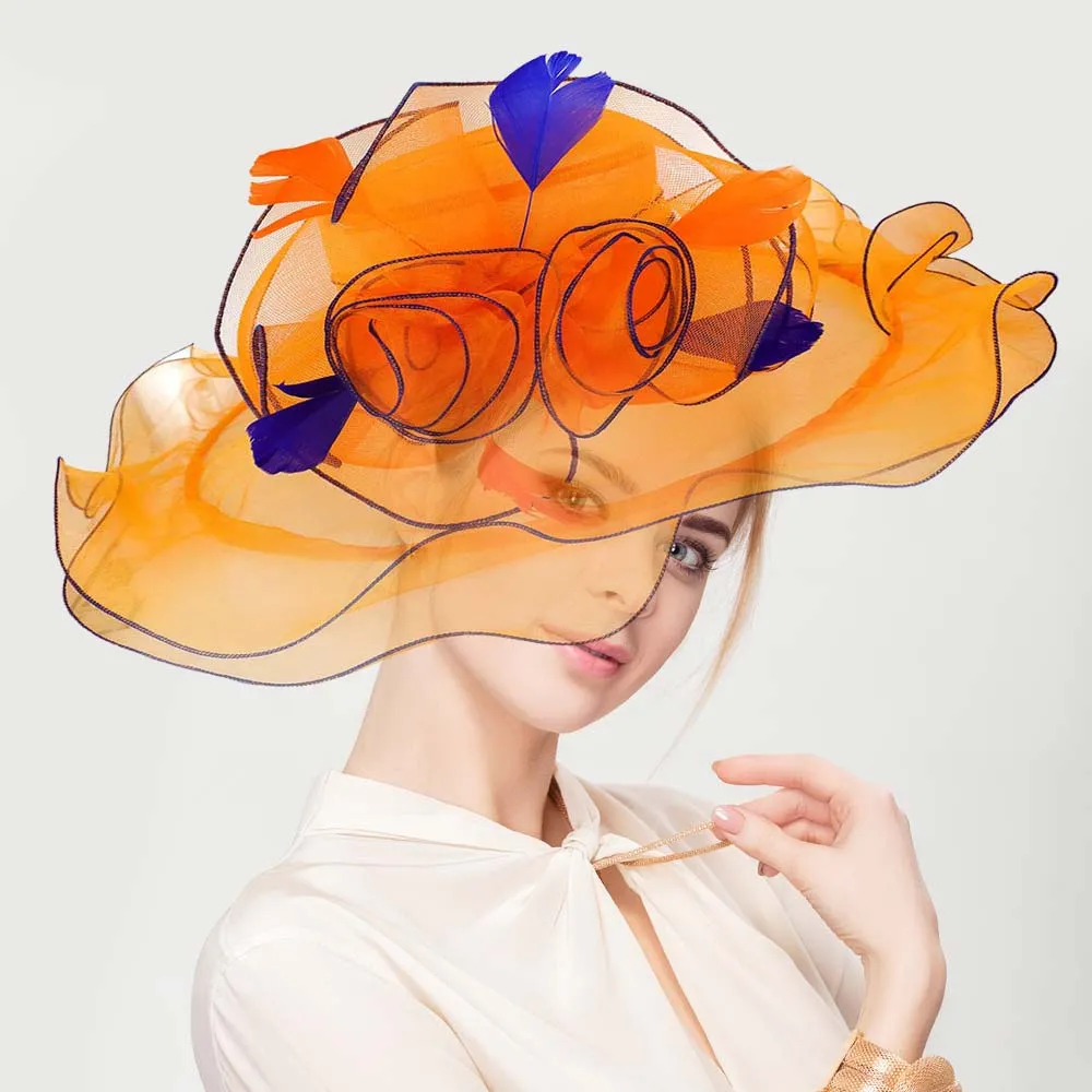 Flower and Feather Accented Organza Hat