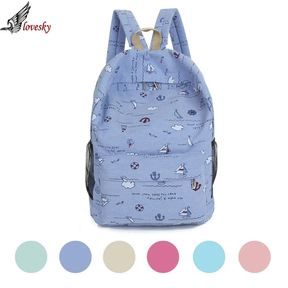 Forward 6 Colors Cartoon Printing Zipper Women Canvas Backpack Daily Backpack 40cm*27cm*14cm