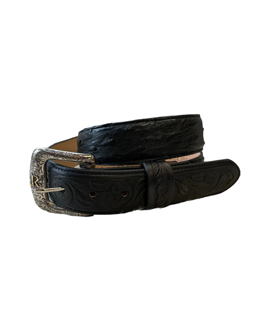 Full Quill Ostrich Belt by R. Watson for Men - Black