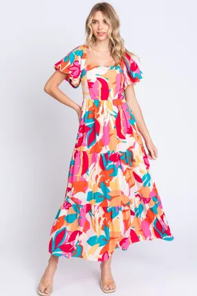 GeeGee Full Size Printed Smocked Back Tiered Maxi Dress