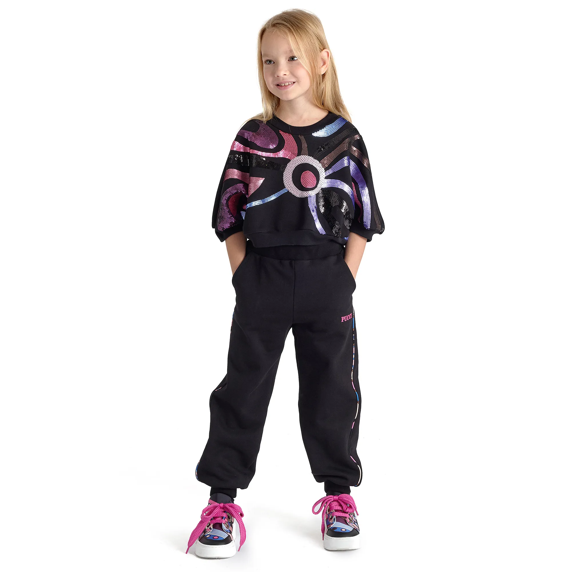 Girls Black Cotton Onde Print Joggers