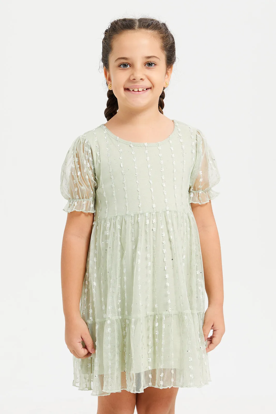 Girls Mint Jacquard Tiered Dress