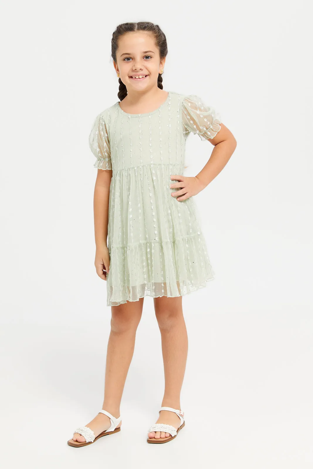 Girls Mint Jacquard Tiered Dress