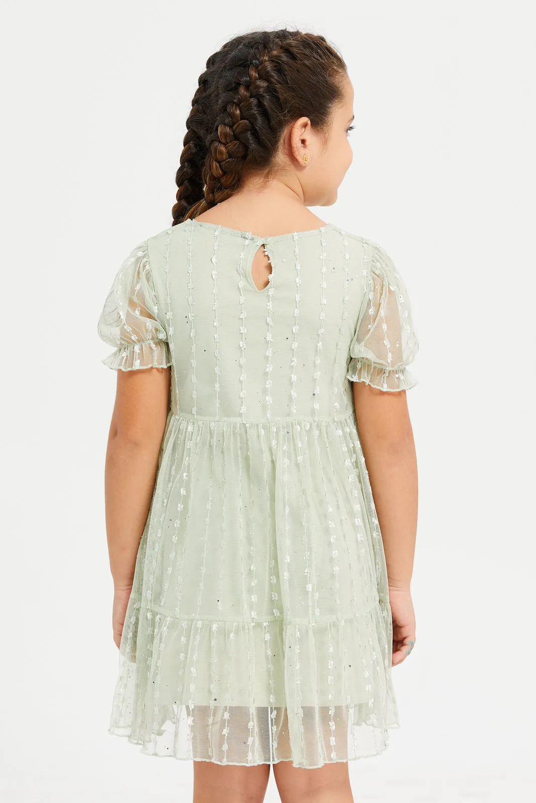 Girls Mint Jacquard Tiered Dress