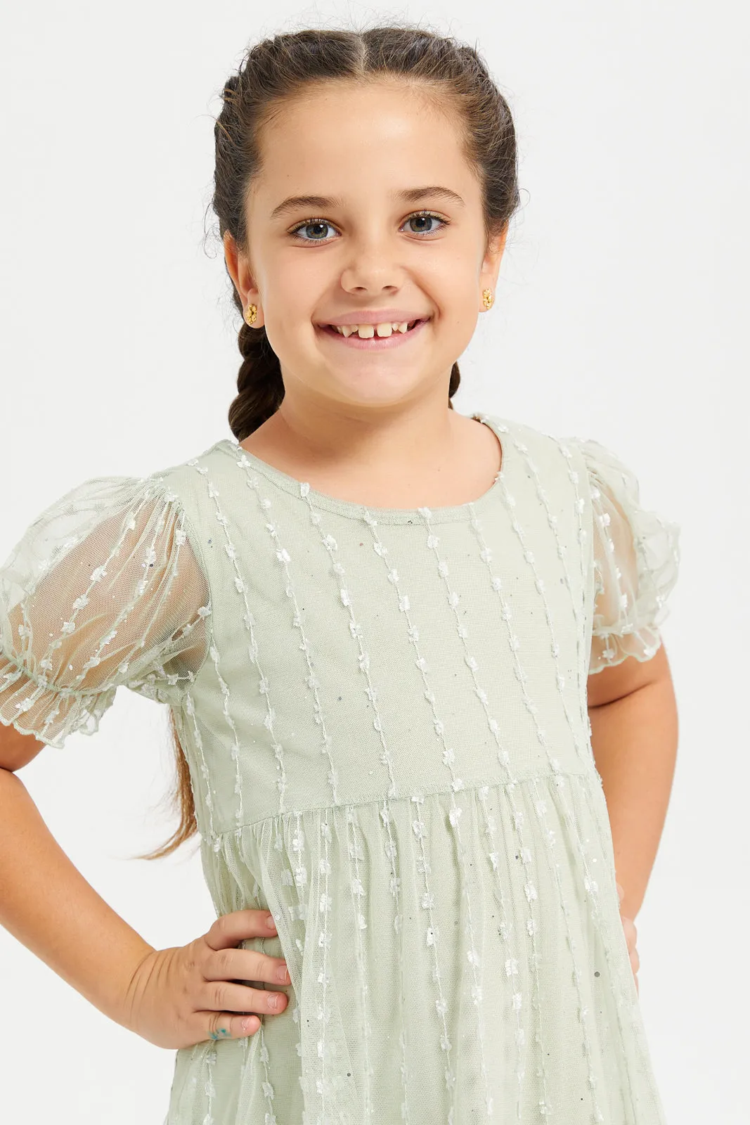 Girls Mint Jacquard Tiered Dress