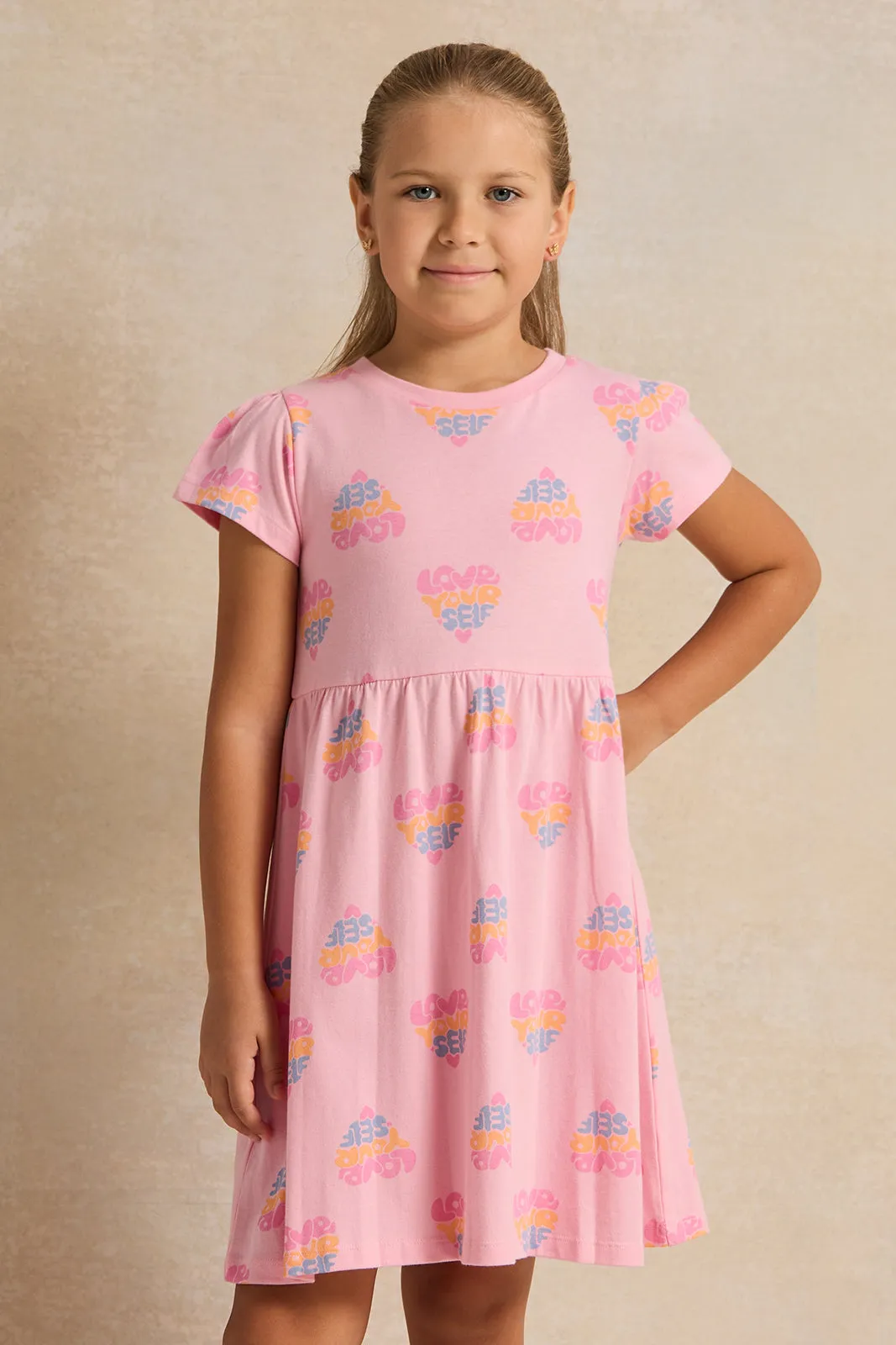 Girls Pink Love Yourself Printed Knit Dress