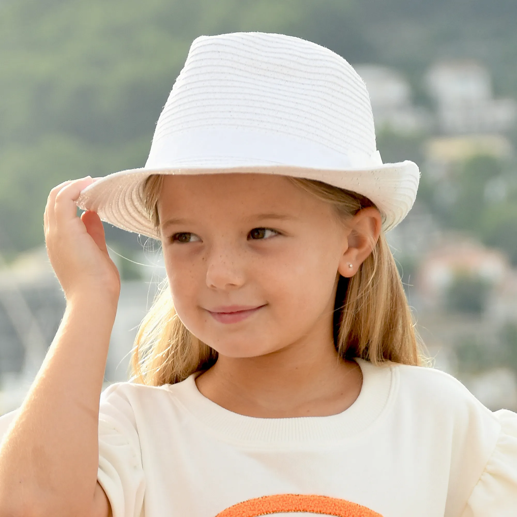 Girls White Straw Trilby Hat