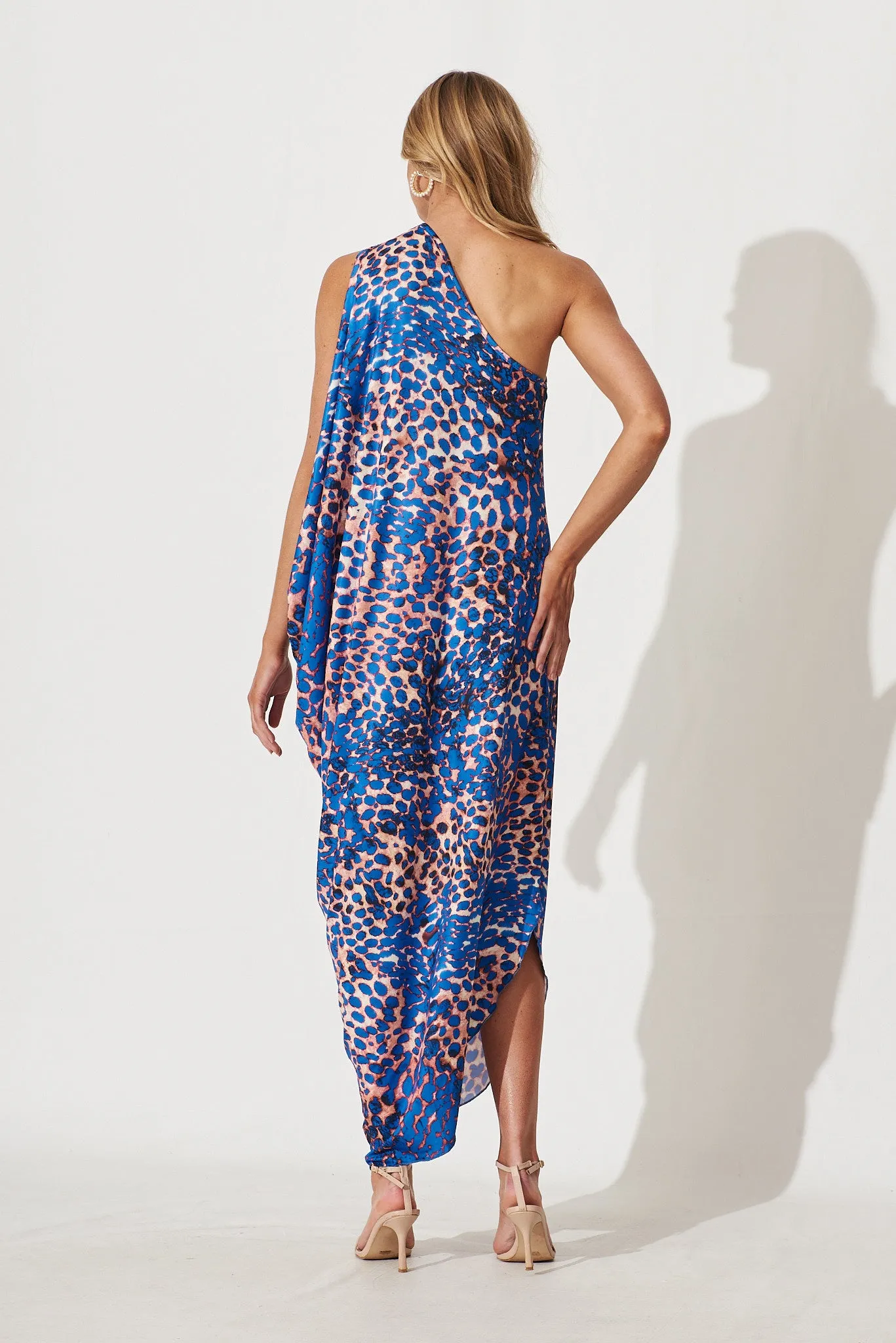 Goddess One Shoulder Maxi Dress In Blue With Rust Multi Print