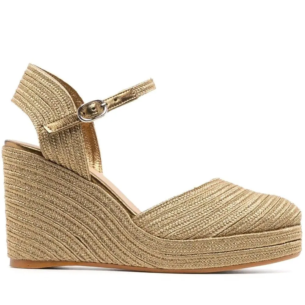 Golden Bordered High-End Women's Fashion Sandals with Woven Wedges.Platform Elegant Shining Silk Thread Riband Heel and Hollow B