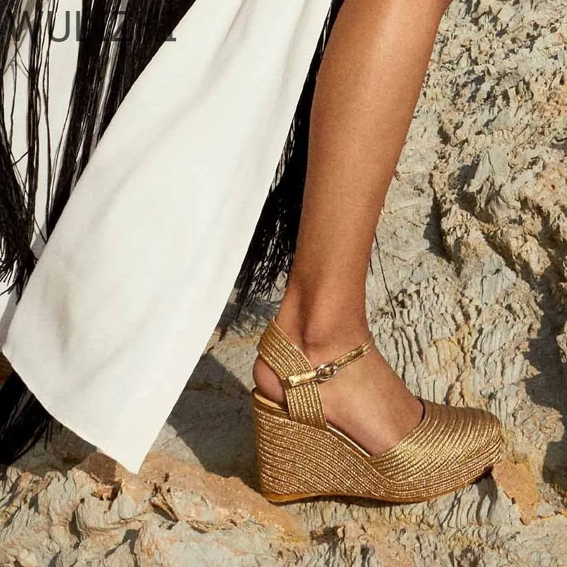 Golden Bordered High-End Women's Fashion Sandals with Woven Wedges.Platform Elegant Shining Silk Thread Riband Heel and Hollow B