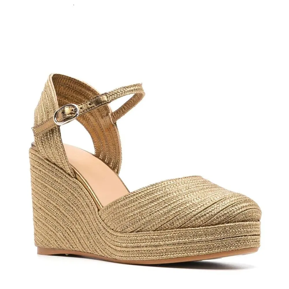 Golden Bordered High-End Women's Fashion Sandals with Woven Wedges.Platform Elegant Shining Silk Thread Riband Heel and Hollow B