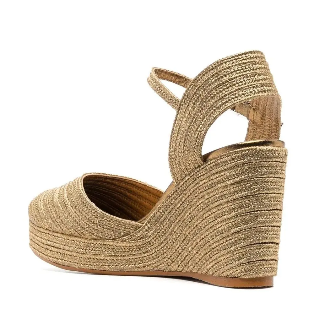 Golden Bordered High-End Women's Fashion Sandals with Woven Wedges.Platform Elegant Shining Silk Thread Riband Heel and Hollow B