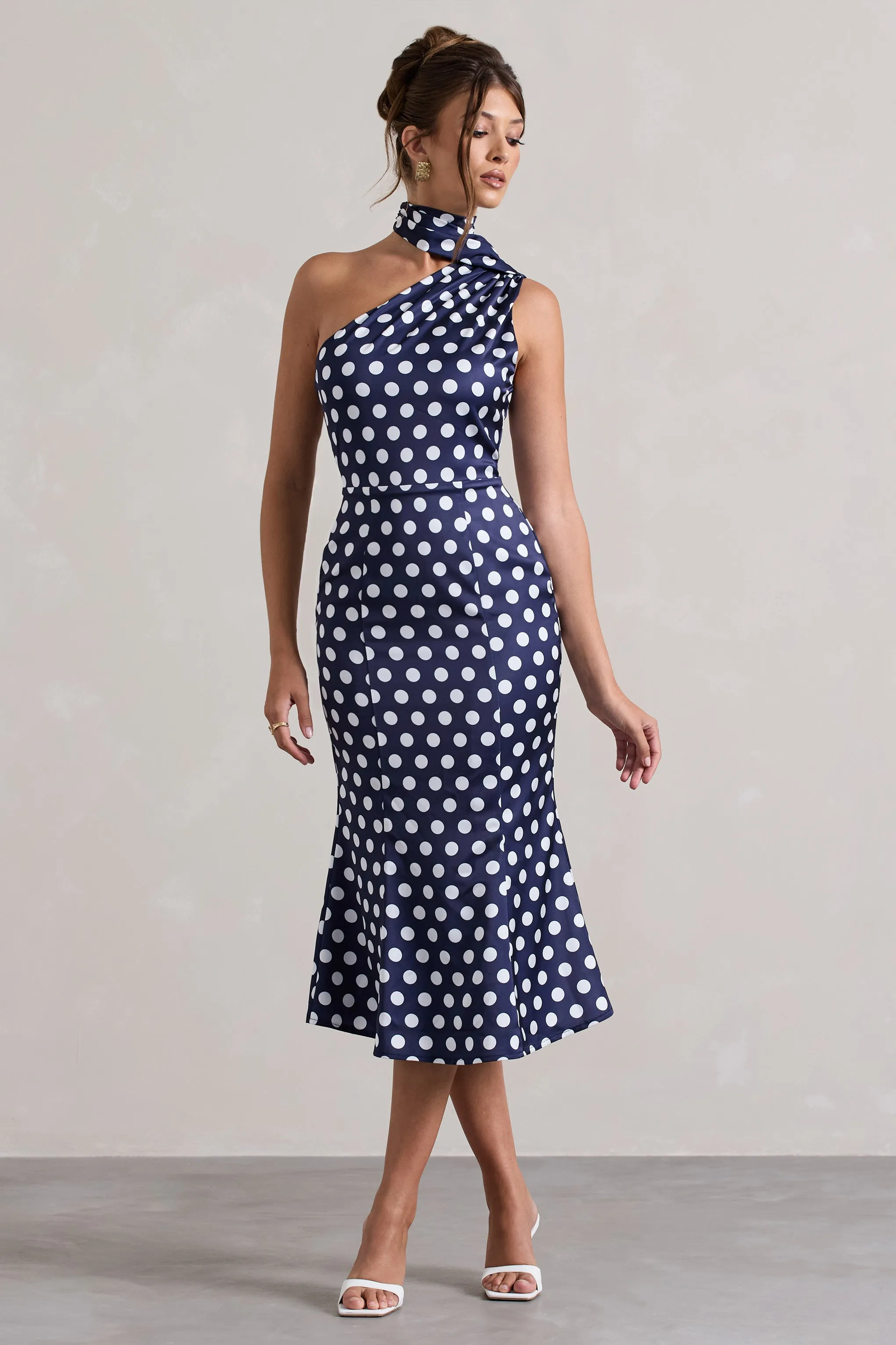 Golden Girl | Navy Polka Dot Asymmetric High-Neck Flared Midi Dress