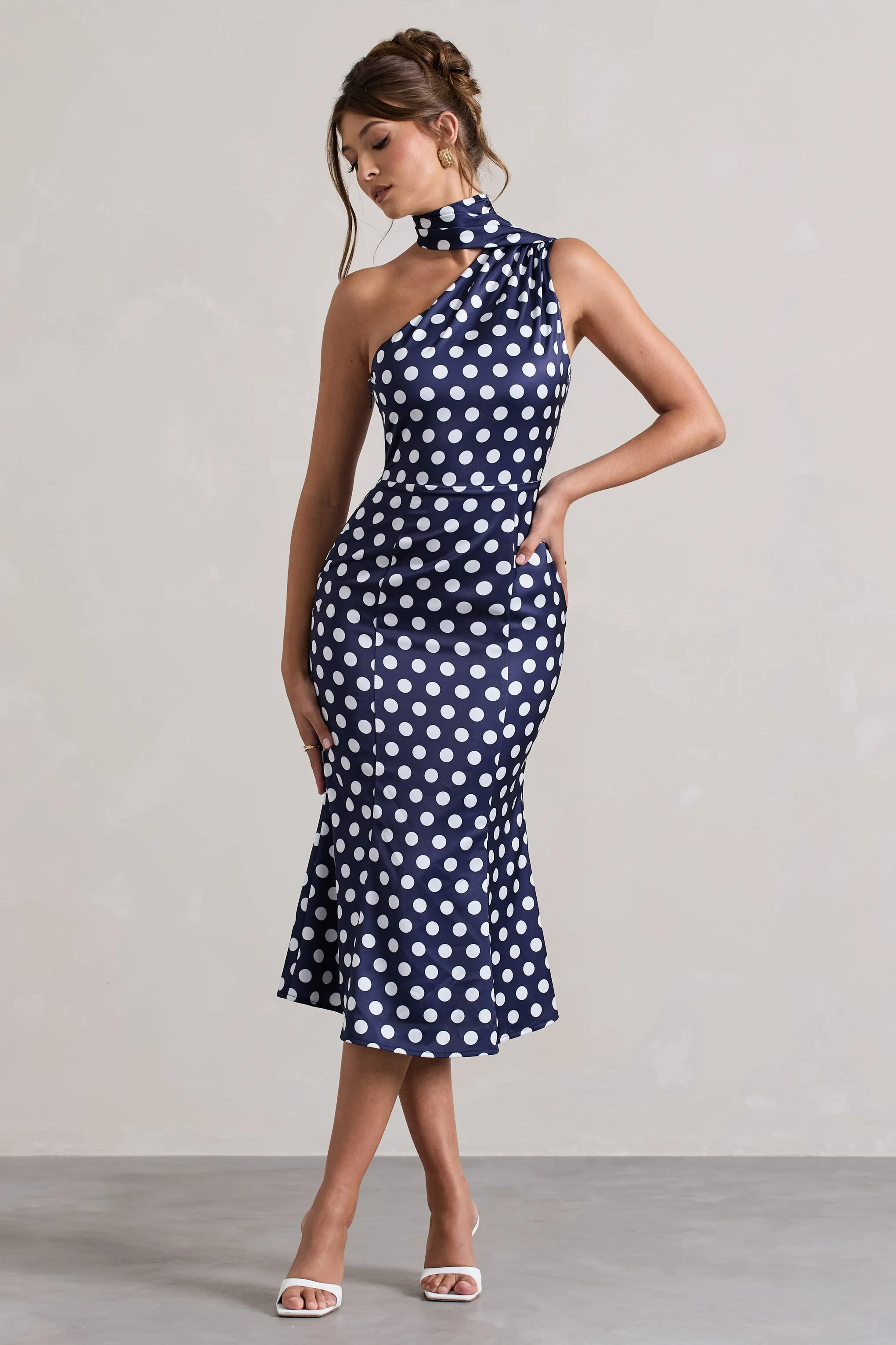 Golden Girl | Navy Polka Dot Asymmetric High-Neck Flared Midi Dress