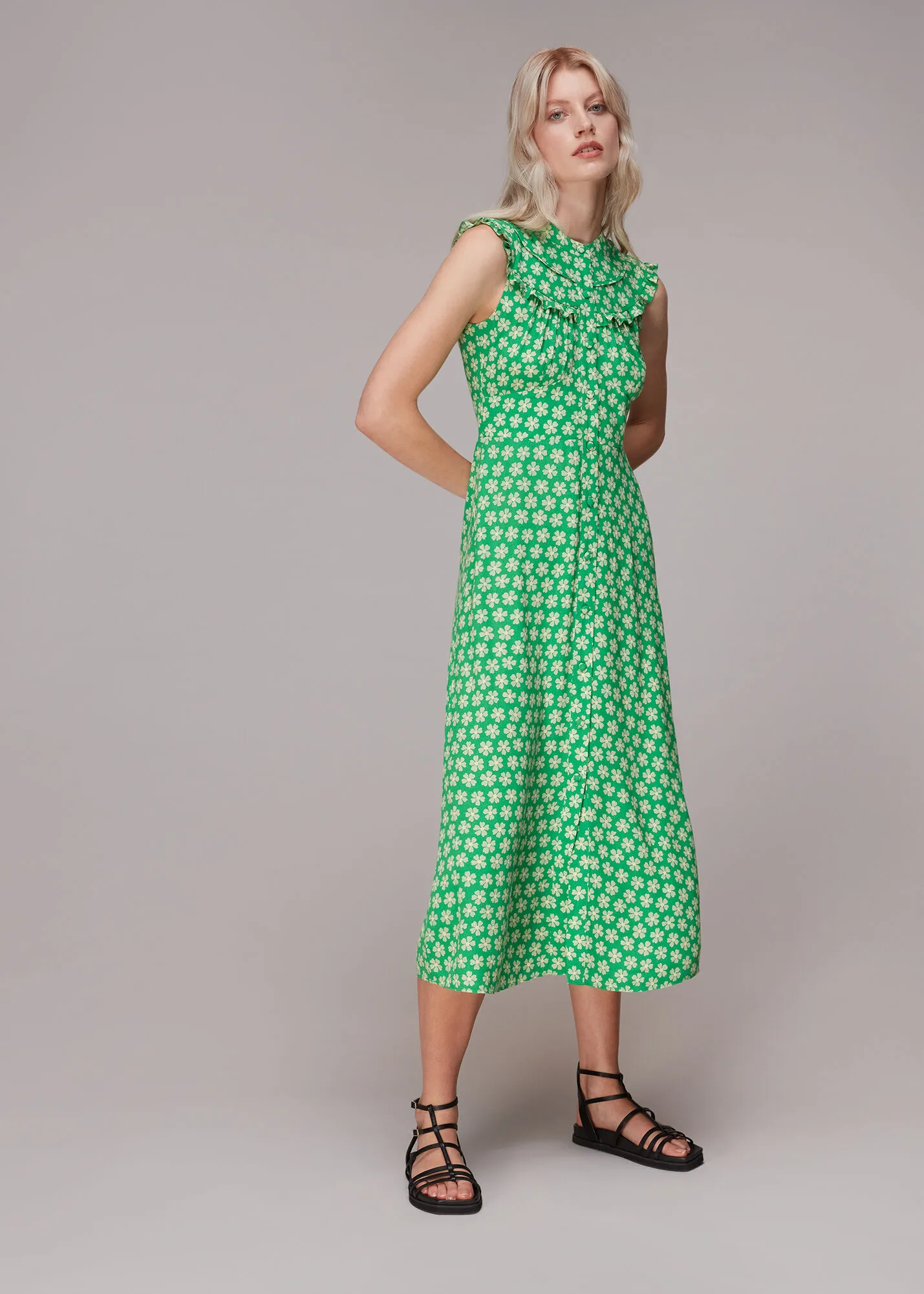 Green Daisy Check Frill Midi Dress