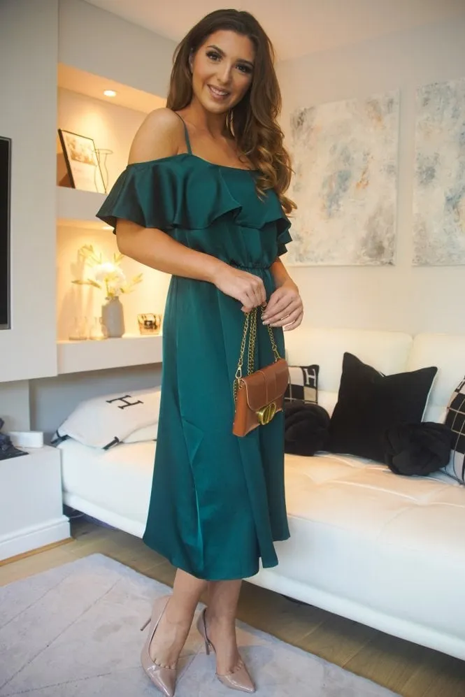 Green Satin Midi Dress with Double Layer Off Shoulder Detail