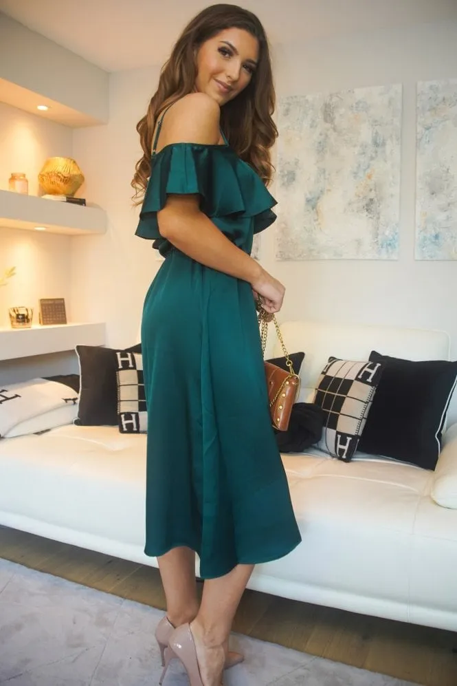 Green Satin Midi Dress with Double Layer Off Shoulder Detail