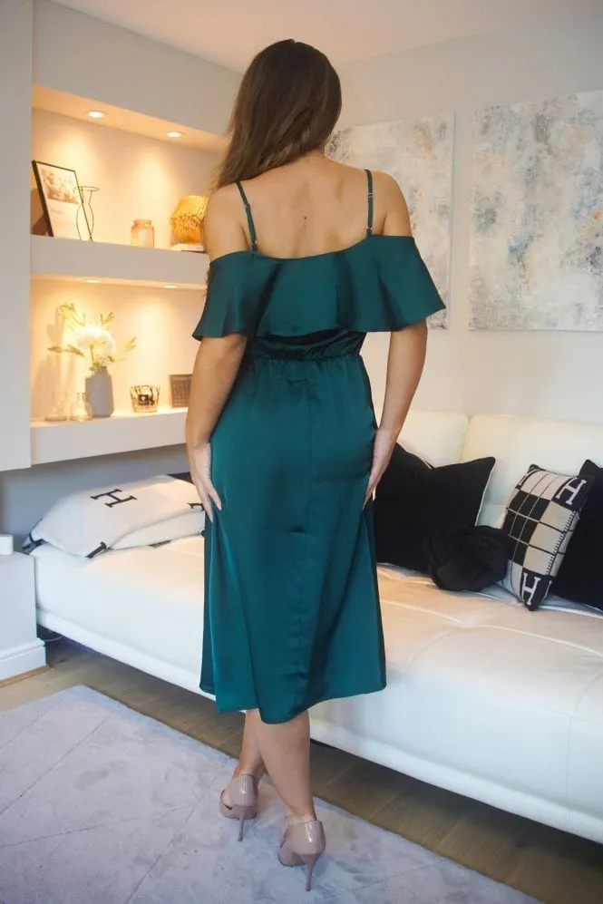 Green Satin Midi Dress with Double Layer Off Shoulder Detail