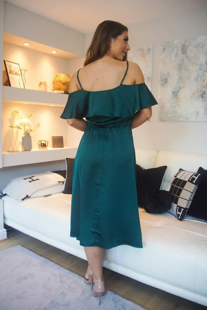 Green Satin Midi Dress with Double Layer Off Shoulder Detail