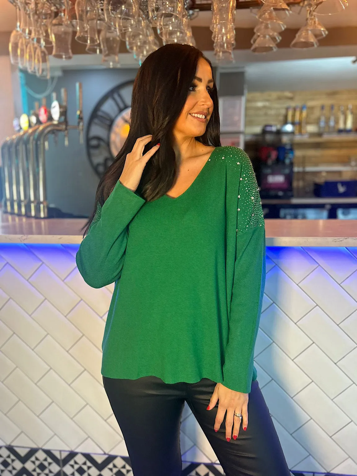 Green Sparkle Shoulder Knit Top - Khloe