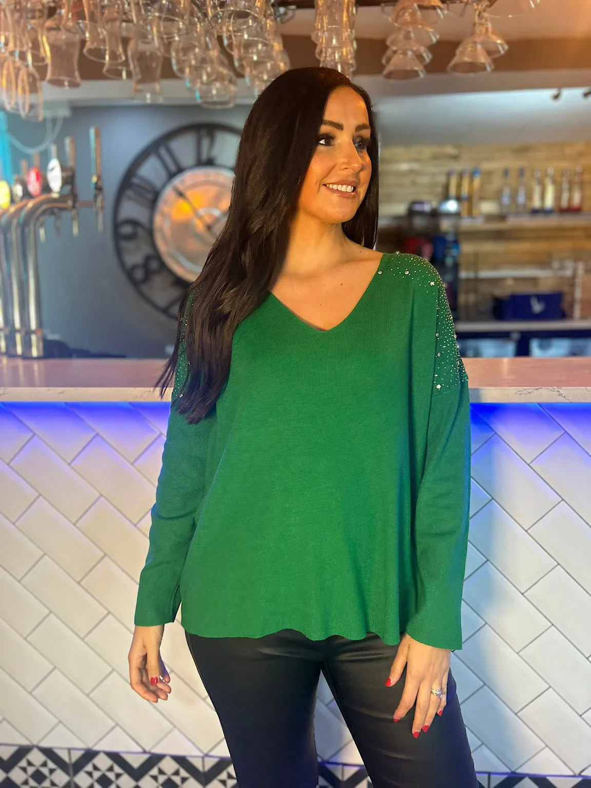 Green Sparkle Shoulder Knit Top - Khloe